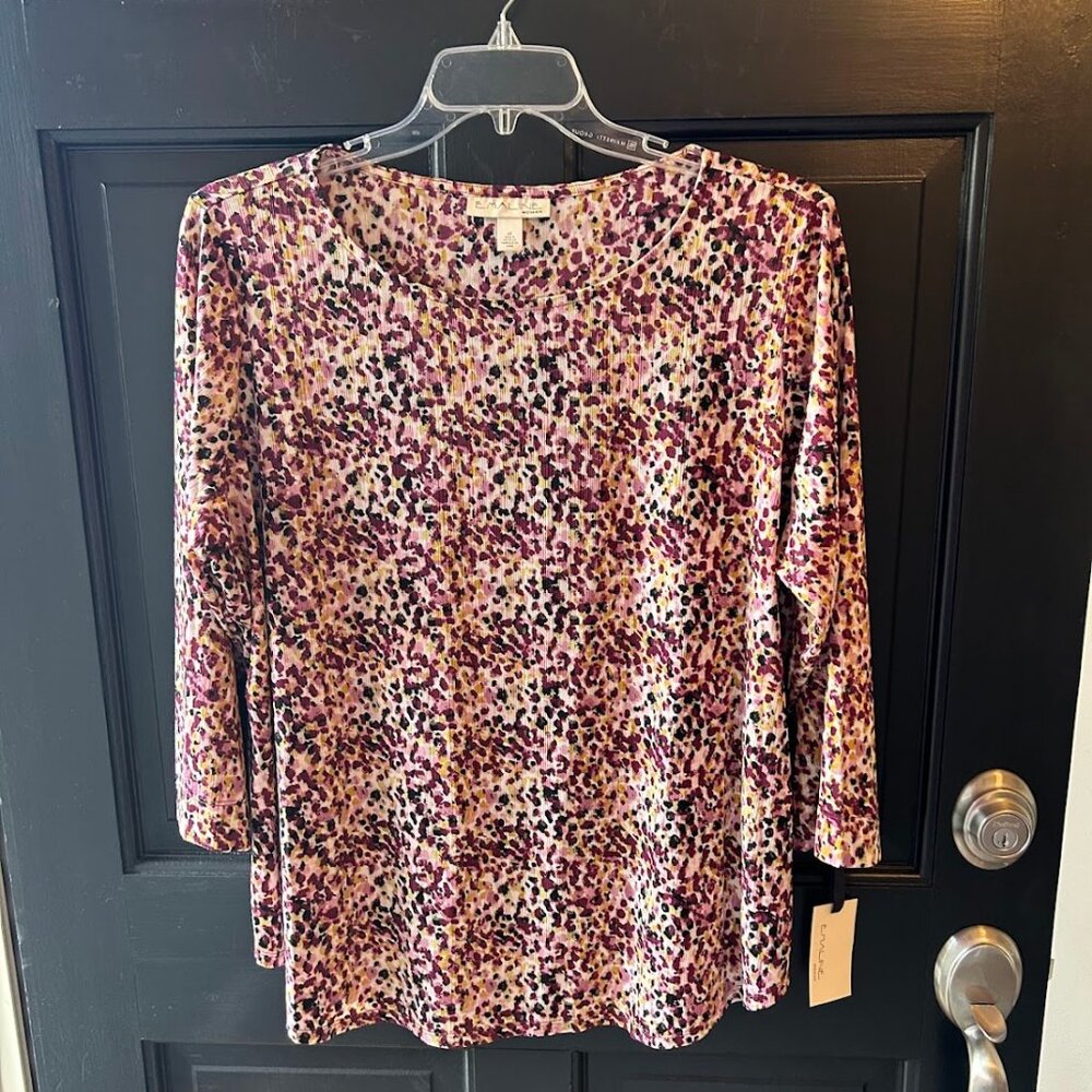 NWT Emaline Blouse 3/4 Sleeve Top Plus Size 3X Purple Black Tan White Emmaline